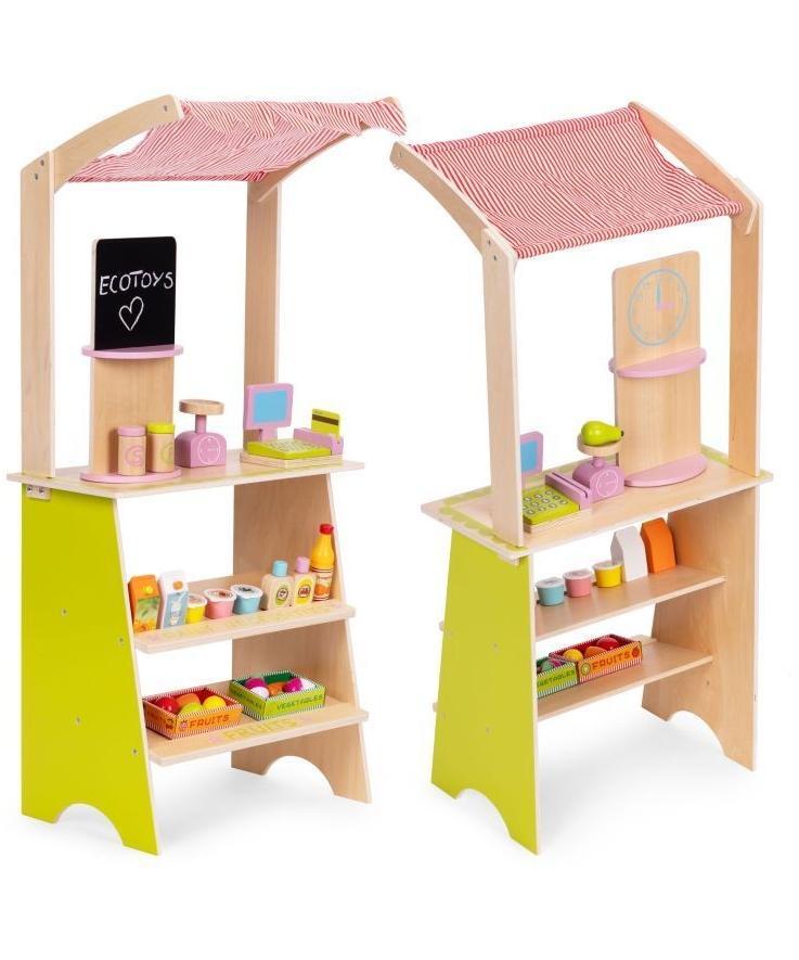 ECOTOYS drvena dečija pijaca sa vagom, POS terminalom i dodacima - 20 delova HM328234