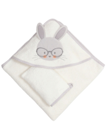 Bebekevi peškir sa kapuljačom i rukavicom 75x75cm Zec sa naočarima Bela