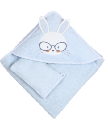 Bebekevi peškir sa kapuljačom i rukavicom 75x75cm Zec sa naočarima Plava