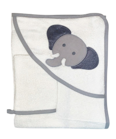 Bebekevi peškir za bebe sa kapuljačom i rukavicom 75x75cm Slon Beli
