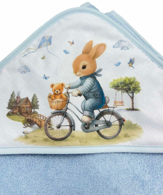 Deksi peškir za bebe sa kapuljačom Zeka na bicikli 100x100 Plava