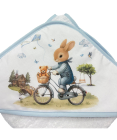 Deksi peškir za bebe sa kapuljačom Zeka na bicikli 75x75 Plava