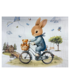 Deksi muslin prekrivač za bebe četvoroslojni Zeka na bicikli 120x120 cm - Plavi