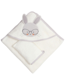 Bebekevi peškir sa kapuljačom i rukavicom 75x75cm Zec sa naočarima Bela