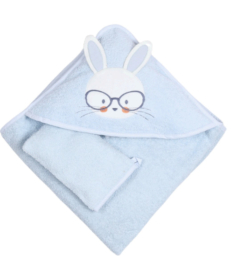 Bebekevi peškir sa kapuljačom i rukavicom 75x75cm Zec sa naočarima Plava