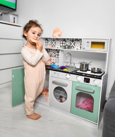 Moni Tea drvena kuhinja za decu sa svetlima, mikrotalasnom pećnicom i sudoperom