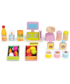 ECOTOYS drvena dečija pijaca sa vagom, POS terminalom i dodacima - 20 delova HM328234