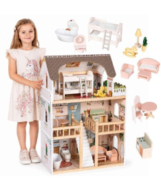 ECOTOYS drvena trospratna kućica za lutke laura sa 15 komada nameštaja EF8208