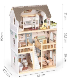 ECOTOYS drvena trospratna kućica za lutke laura sa 15 komada nameštaja EF8208
