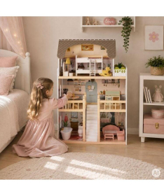 ECOTOYS drvena trospratna kućica za lutke laura sa 15 komada nameštaja EF8208