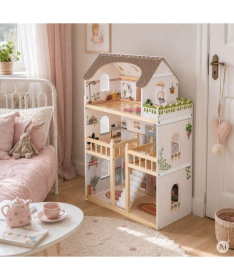 ECOTOYS drvena trospratna kućica za lutke laura sa 15 komada nameštaja EF8208