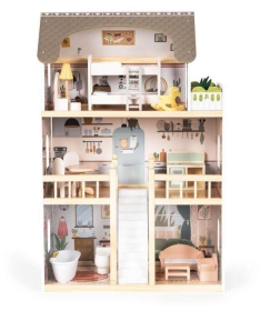 ECOTOYS drvena trospratna kućica za lutke laura sa 15 komada nameštaja EF8208