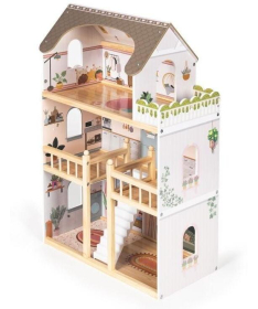 ECOTOYS drvena trospratna kućica za lutke laura sa 15 komada nameštaja EF8208