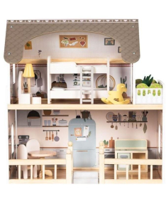 ECOTOYS drvena trospratna kućica za lutke laura sa 15 komada nameštaja EF8208