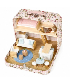 ECOTOYS dvospratna kućica za lutke u koferu sa drvenim nameštajem i 20 dodataka EF4175