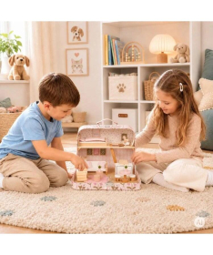 ECOTOYS dvospratna kućica za lutke u koferu sa drvenim nameštajem i 20 dodataka EF4175