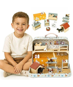 ECOTOYS dvospratna prodavnica za kućne ljubimce u koferu sa drvenim nameštajem i 23 dodatka EF4172