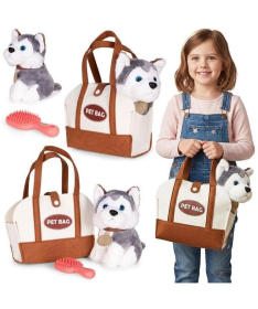 ECOTOYS plišana kuca Husky igračka za decu torba + četka za negu HC750229