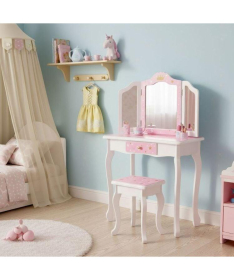 ECOTOYS veliki toaletni sto za devojčice sa trostrukim ogledalom, stolicom i fiokom W08H094