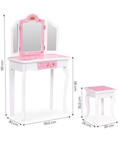 ECOTOYS veliki toaletni sto za devojčice sa trostrukim ogledalom, stolicom i fiokom W08H094