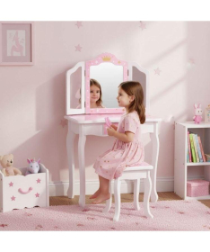 ECOTOYS veliki toaletni sto za devojčice sa trostrukim ogledalom, stolicom i fiokom W08H094