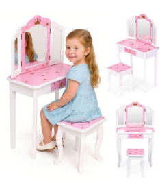 ECOTOYS veliki toaletni sto za devojčice sa trostrukim ogledalom, stolicom i fiokom W08H094