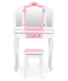 ECOTOYS veliki toaletni sto za devojčice sa trostrukim ogledalom, stolicom i fiokom W08H094