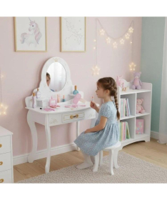 Veliki drveni toaletni sto za decu sa ogledalom i roze dodacima W08H188B