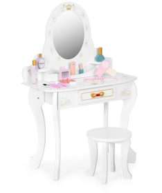 Veliki drveni toaletni sto za decu sa ogledalom i roze dodacima W08H188B